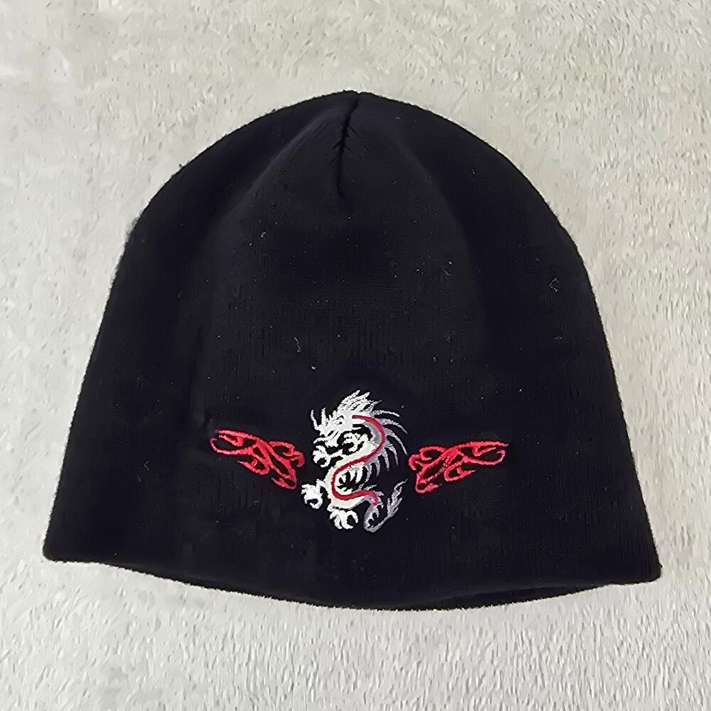 Y2K Tribal Dragon Knit Mens Beanie Black Hat Embroidered Vintage Skate Grunge
